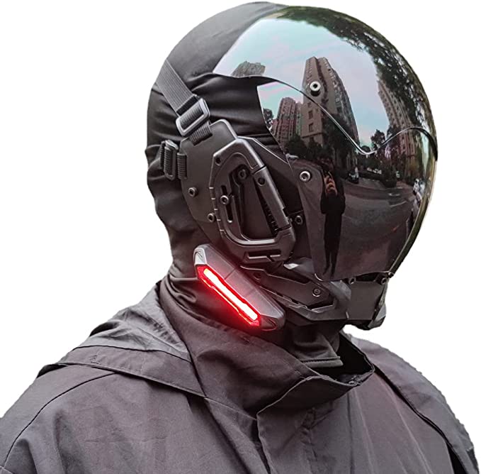 JAUPTO Punk Gothic Cyber Mask for Men,Techwear mask, Halloween Cosplay Costume Accessory with LED Light, Futuristic Mask
