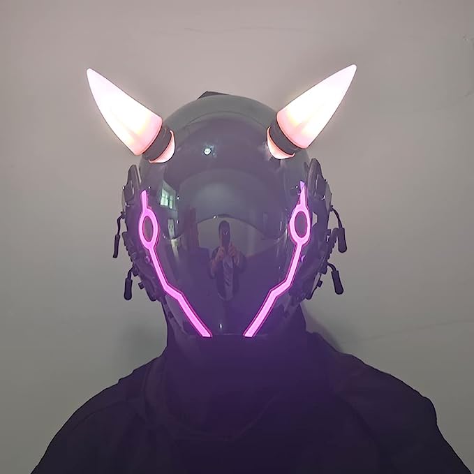 JAUPTO Punk Mask for Men, LED Ox horn Mask,Futuristic Punk Techwear, Cosplay Halloween Fit Party Music Festival Accessories