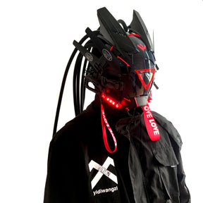 JAUPTO PipeHair CyberPunk Mask Helmet,LED Light Futuristic Techwear Mask,Sci-Fi Full-Face Punk Helmet Costume Accessory